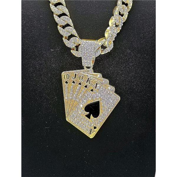 Dazzling Huge 176 Gram 18 Kt Gold Plate Royal Flush Necklace Pendant