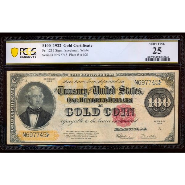 1922 $100 Gold Certificate PCGS 25