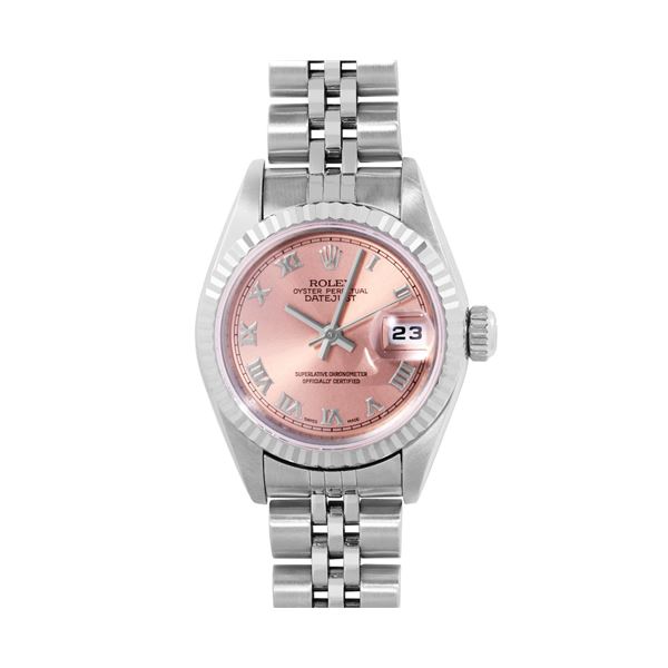 Rolex Ladies Stainless Steel Salmon Roman 18K White Gold Fluted Quickset Datejust Watch