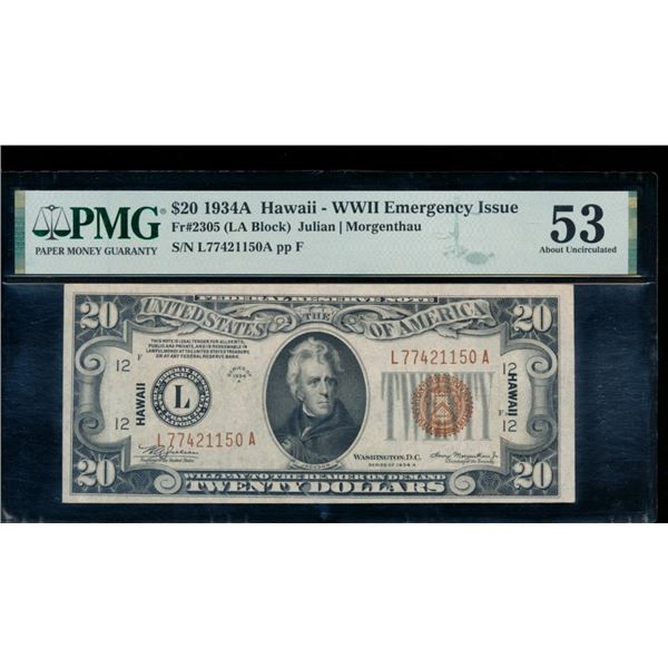 1934A $20 Hawaii FRN PMG 53