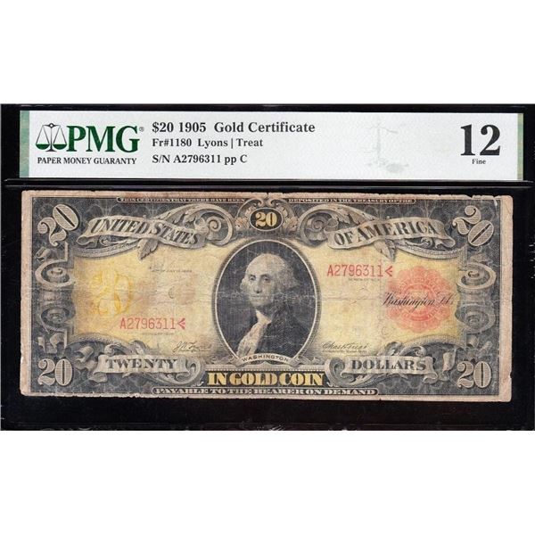 1905 $20 Technicolor Gold Certificate PMG 12