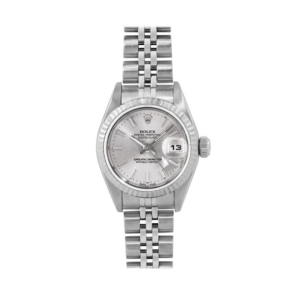 Rolex Ladies Stainless Steel Silver Index 18K White Gold Fluted Quickset Datejust Watch
