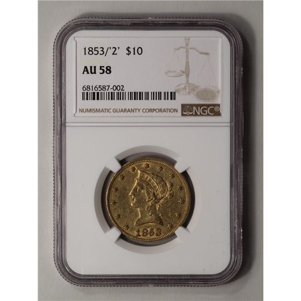 1853/2 $10 Liberty Head Eagle Gold Coin NGC AU58