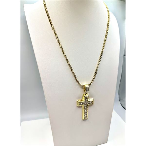 Plated 14KT Yellow Gold Simulated Diamond Cross Pendant