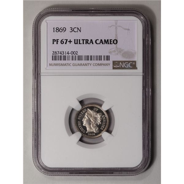 1869 Three Cent Copper Nickel NGC PF67+ Ultra Cameo
