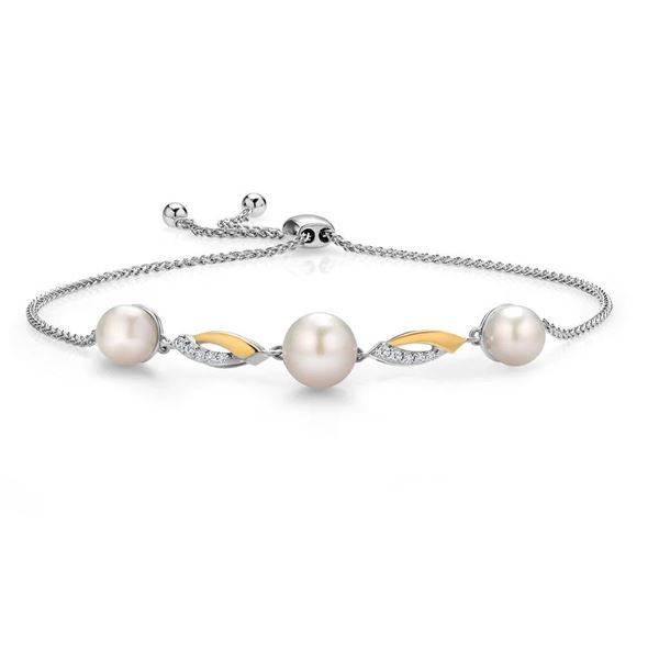 10KT Yellow Gold and Sterling Silver Fresh Water Pearl and Lab Diamond Bracelet