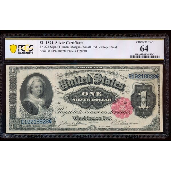 1891 $1 Martha Washington Silver Certifiacte PCGS 64