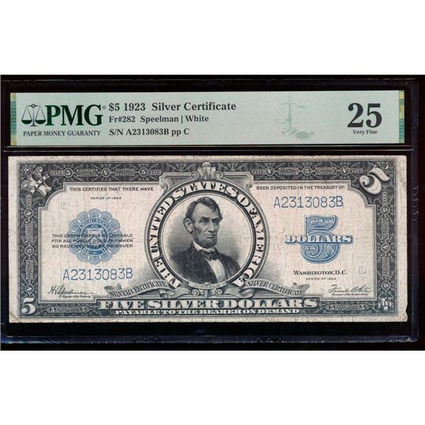 1923 $5 Lincoln Port Hole Silver Certificate PMG 25
