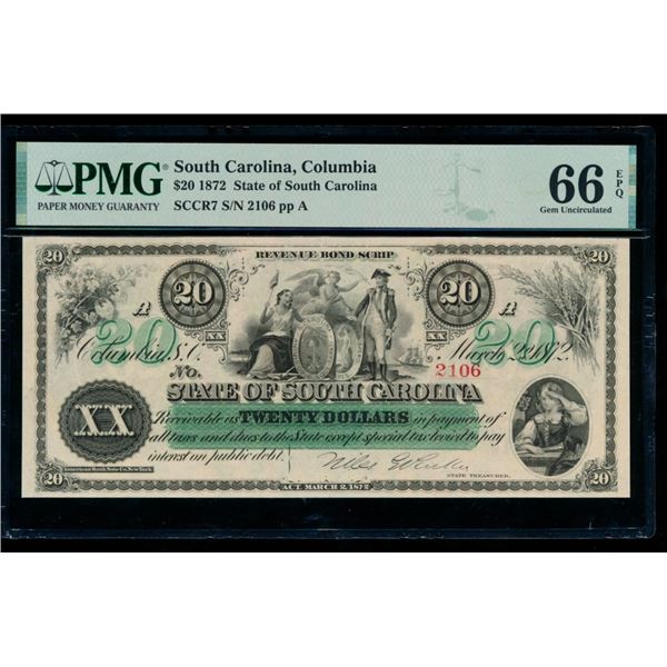 1872 $20 Columbia SC Obsolete PMG 66EPQ