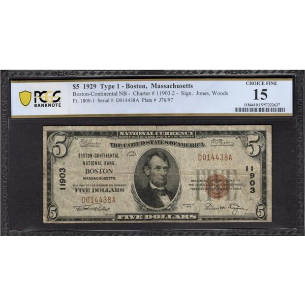 1929 $5 Boston MA National PCGS 15
