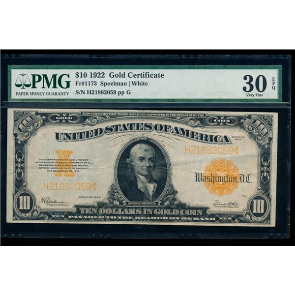 1922 $10 Gold Certificate PMG 30EPQ