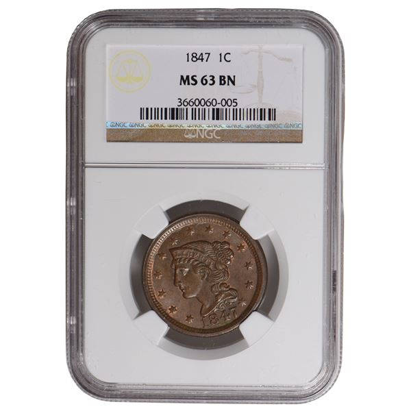 1847 Braided Hair Large Cent NGC MS63