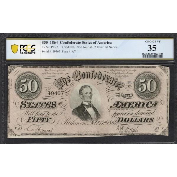 1864 $50 T-66 Confederate PCGS 35