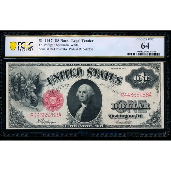 1917 $1 Legal Tender Note PCGS 64