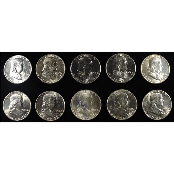 (10) 90% SILVER FRANKLIN HALF DOLLARS