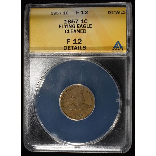 1857 FLYING EAGLE CENT CLEANED ANACS F12