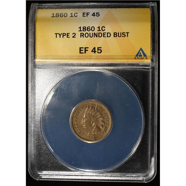 1860 TYPE2 ROUNDED INDIAN CENT ANACS EF45