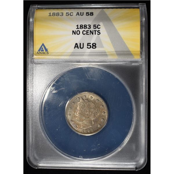 1883 'V' NICKEL NO CENTS ANACS AU58