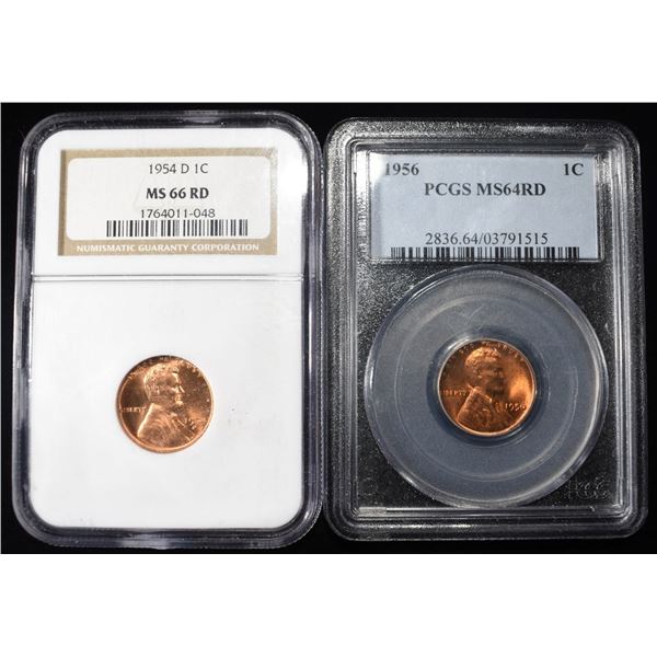 1954-D NGC MS 66RD, 1956 PCGS MS 64RD WHEAT CENTS