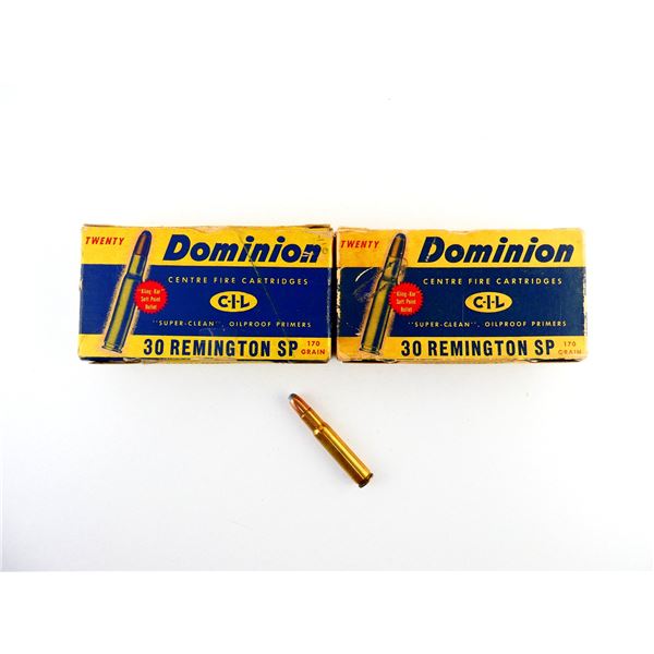 COLLECTIBLE DOMINION .30 REM AMMO AND NON-PRIMED BRASS CASES LOT
