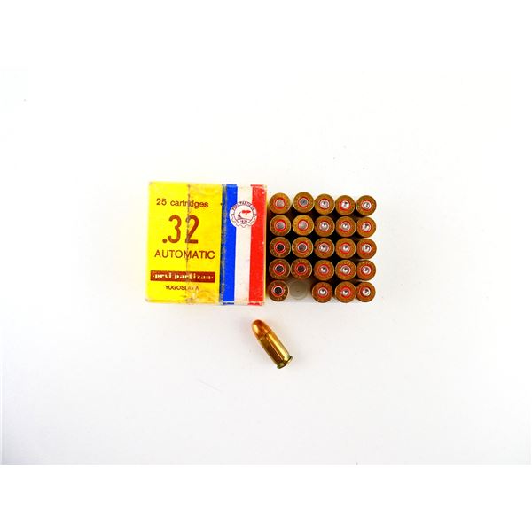 COLLECTIBLE PRVI PARTIZAN .32 AUTO (7.65MM) AMMO AND NON-PRIMED BRASS CASES LOT