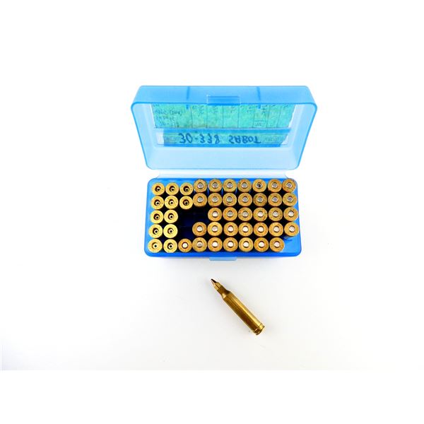 RELOADED ASSORTED 30-338 WIN MAG AMMO AND PRIMED / NON-PRIMED BRASS CASES LOT