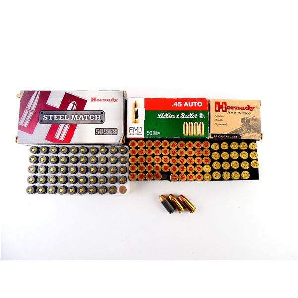 ASSORTED HORNADY / SELLIER & BELLOT .45 AUTO AMMO AND NON-PRIMED BRASS CASES LOT