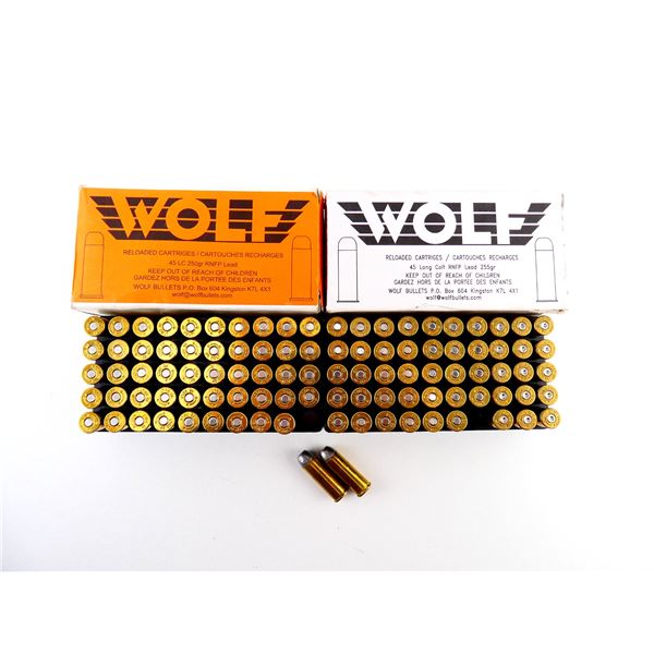 WOLF FACTORY RELOADED .45 LONG COLT AMMO AND NON-PRIMED BRASS CASES LOT