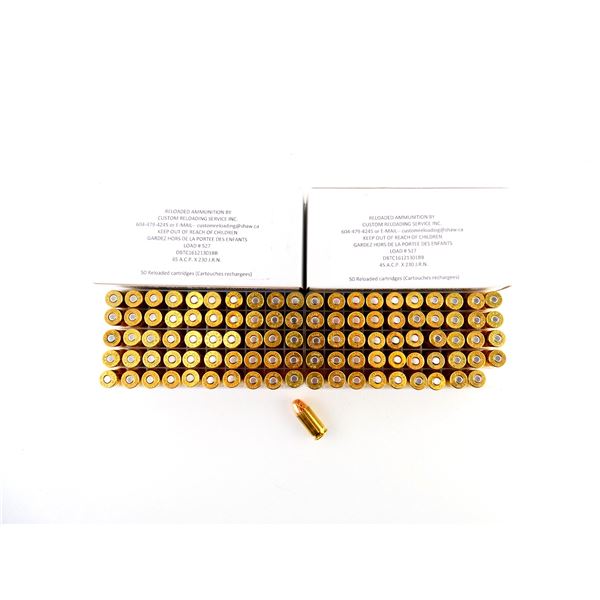 CUSTOM RELOADING .45 ACP FACTORY RELOADED AMMO LOT