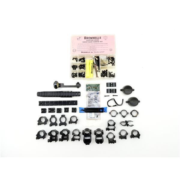BROWNELL'S SLOTTED HEAD SIGHT BASE SCREW KIT AND ASSORTED SCOPE PARTS LOT
