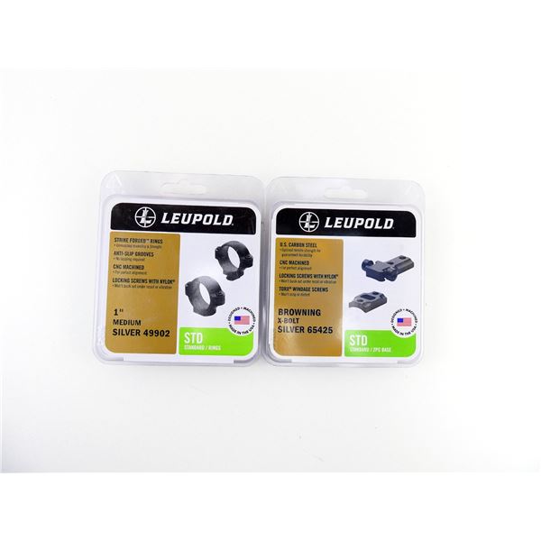 LEUPOLD BROWNING X-BOLT SILVER STANDARD BASE AND 1" MEDIUM SILVER RINGS LOT