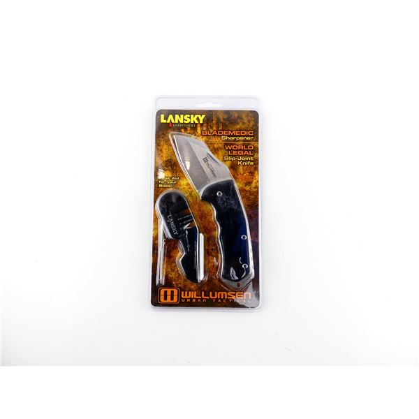 LANSKY BLADEMEDIC SHARPENER AND WORLD LEGAL SLIP-JOINT KNIFE