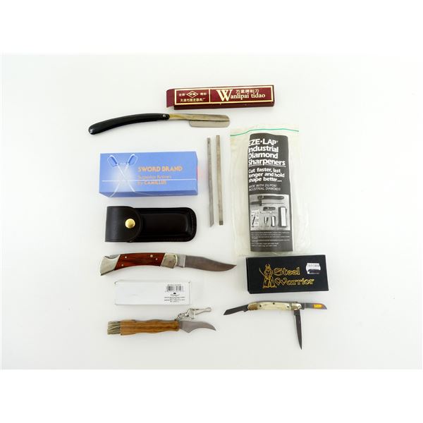 ASSORTED KNIVES AND SHARPENER LOT