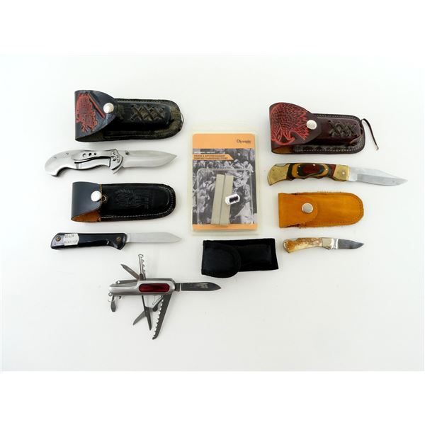 ASSORTED FOLDING KNIVES AND SHARPENERS LOT