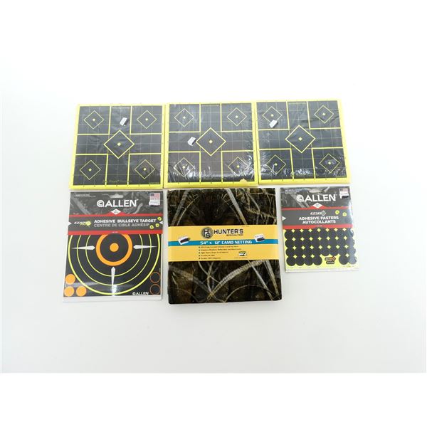 HUNTER'S SPECIALTIES CAMO NETTING AND ASSORTED TARGETS / PASTERS LOT