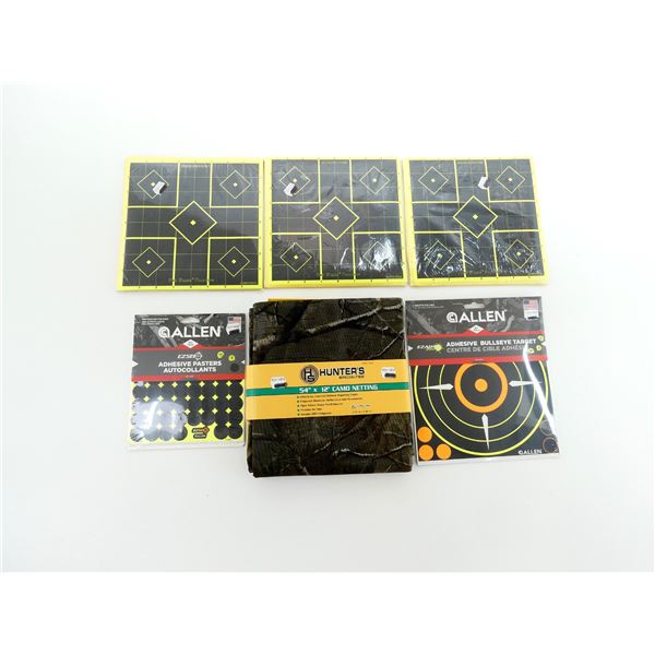 HUNTER'S SPECIALTIES CAMO NETTING AND ASSORTED TARGETS / PASTERS LOT