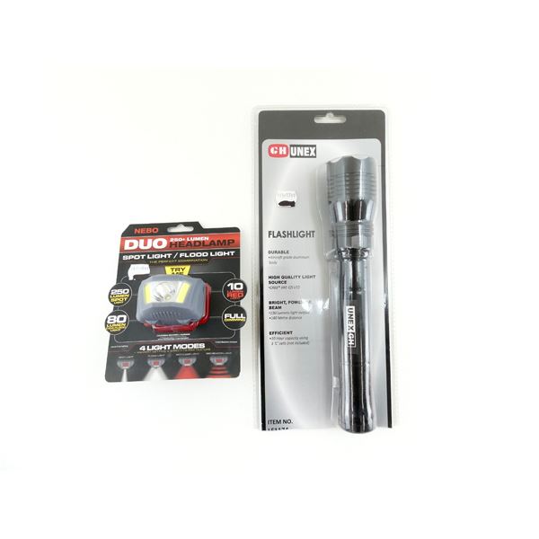 GH UNEX FLASHLIGHT AND NEBO DUO SPOTLIGHT / FLOODLIGHT HEADLAMP LOT