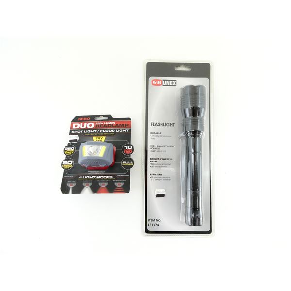 GH UNEX FLASHLIGHT AND NEBO DUO SPOTLIGHT / FLOODLIGHT HEADLAMP LOT