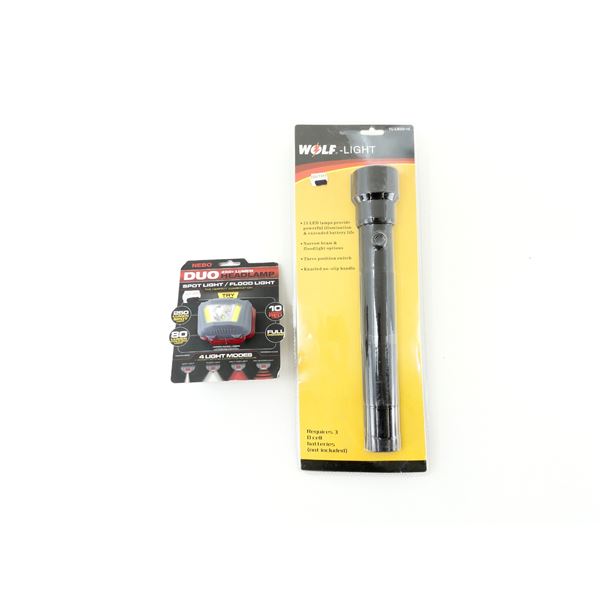 WOLF LIGHT FLASHLIGHT AND NEBO DUO SPOTLIGHT / FLOODLIGHT HEADLAMP LOT