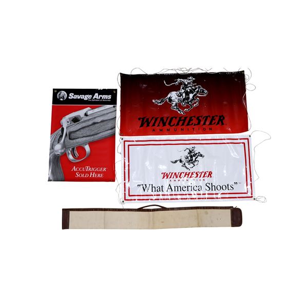 ASSORTED "WINCHESTER AMMUNITION" FLAGS / "SAVAGE ARMS" POSTER / L.L. BEAN RIFLE CASE LOT