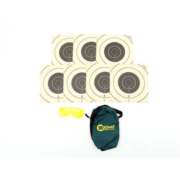 UNKNOWN SHOOTING/SAFETY GLASSES, CALDWELL POUCH & 25 PAPER TARGETS LOT