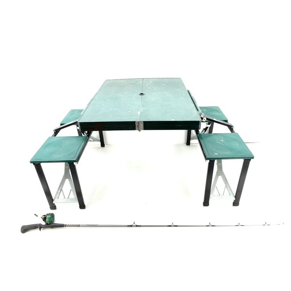 WOODS COLLAPSABLE CAMP PICNIC TABLE AND FISHING ROD LOT