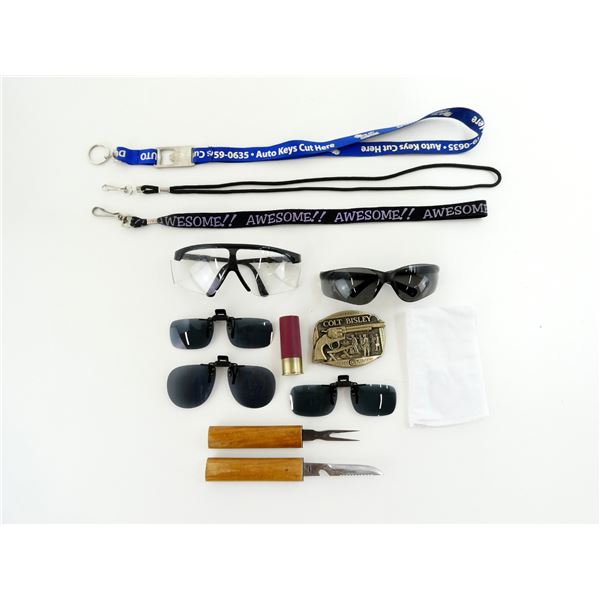 SAFETY GLASSES, COLT BISLEY BUCKLE, SHOT GUN SHELL LIGHTER, ETC. LOT