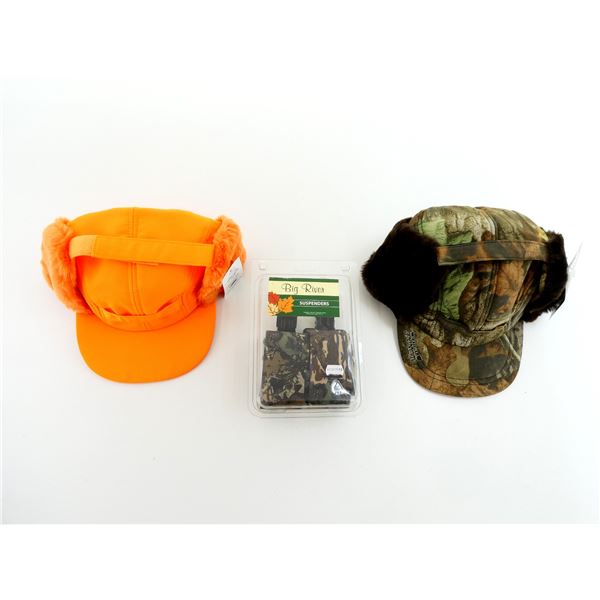 BIG RIVER CAMO SUSPENDERS AND ASSORTED HUNTING HATS LOT