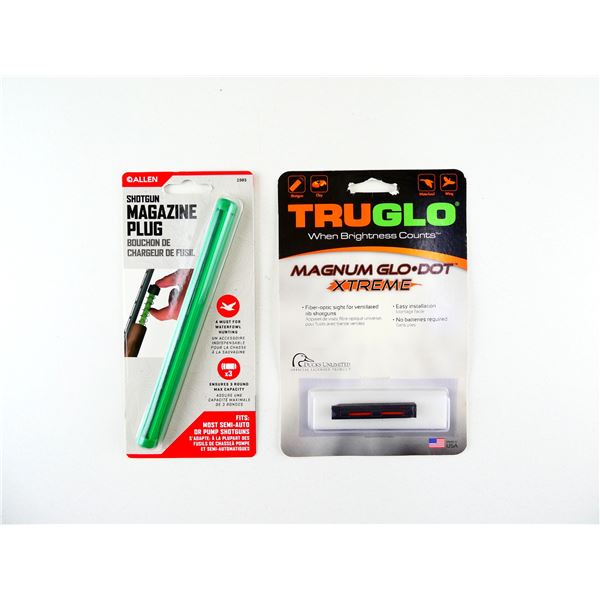 TRUGLO MAGNUM GLO DOT EXTREME FIBER OPTIC SHOT GUN SIGHT AND BUTLER CREEK SHOTGUN PLUG LOT