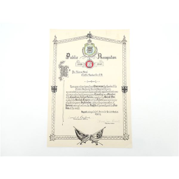 WWII CANADIAN NAMED PUBLIC RECOGNITION CERTIFICATE