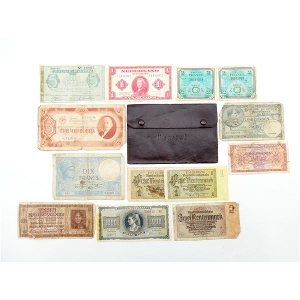 GERMAN WEHRPASS HOLDER WITH ASSORTED WORLD BANK NOTES LOT