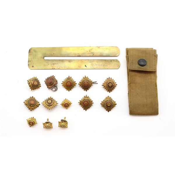 ASSORTED WWI / WWII POUCH, RANK PIPS, AND BUTTON STICK LOT