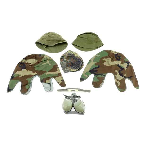 ASSORTED MILITARY HATS, HELMET COVERS, ETC. LOT