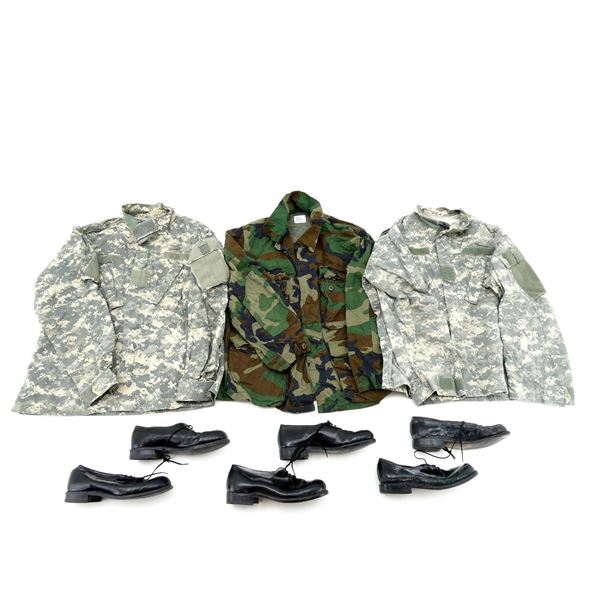 ASSORTED MILITARY COMBAT COATS / DRESS SHOES LOT